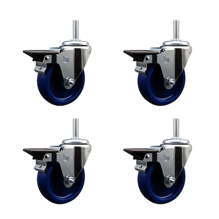 Service Caster 4 Inch Solid Polyurethane Wheel Swivel 34 Inch Threaded Stem Caster Set with Brake SCC SCC-TS20S414-SPUS-PLB-34212-4